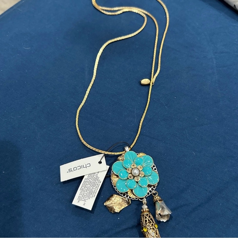 Chico's Turquoise Floral Pendant Necklace with Gold Accents